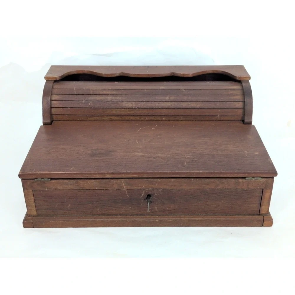 Antique Travel Desk Lap Writing Box Tambour Rolltop With Key And Glass Inkwell
